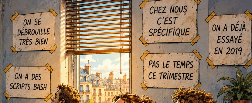 Panneaux punaisés au mur d'une salle de réunion : on se débrouille très bien, on a des scripts bash, chez nous c'est spécifique, pas le temps ce trimestre, on a déjà essayé en 2019