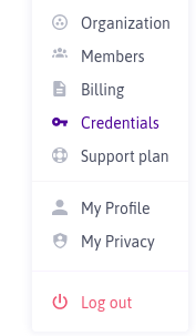 Menu de la console Scaleway, entrée Credentials mise en évidence