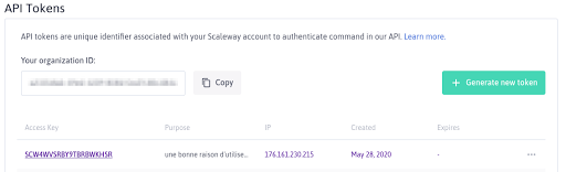 Liste des jetons d’API Scaleway, avec le jeton fraîchement créé